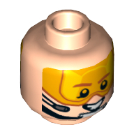 Tête de minifigurine, visière orange, sourcils bruns, jugulaire, casque, motif imprimé souriant / effrayé (Minifig Head, Orange Visor, Brown Eyebrows, Chin Strap, Headset, Smiling / Scared Print)