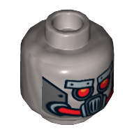 Tête de minifigurine Robo Pilot, Robot yeux et bouche rouges et plaques de métal argenté sourcils et masque motif imprimé [tenon creux] (Minifig Head Robo Pilot, Robot Red Eyes and Mouth and Silver Metal Plates Eyebrows and Mask Print [Hollow Stud])