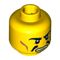 Tête de minifigurine hun guerrière, moustache noire fendue, bouc, sourcils broussailleux, traits sur les joues, motif : en colère (Minifig Head Hun Warrior, Moustache Black Split, Goatee, Bushy Eyebrows, Cheek Lines, Angry Print)