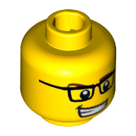 Tête de minifigurine joueur de jeux vidéo, Lunettes rectangulaires, sourcils bruns, sourire bouche ouverte avec dents, motif : pupilles blanches [tenon creux] (Minifig Head Video Game Guy, Rectangular Glasses, Brown Eyebrows, Open Mouth Smile with Teeth, White Pupils Print [Hollow Stud])