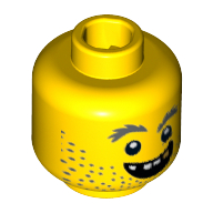 Tête de minifigurine prospecteur, barbe naissante, sourcils gris touffus, sourire ouvert, motif : dent dorée (Minifig Head Prospector, Beard Stubble, Gray Bushy Eyebrows, Open Grin, Gold Tooth Print)