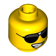Tête de minifigurine rock star, lunettes de soleil noires grand et sourire déséquilibré grand avec des dents motif imprimé (Minifig Head Rock Star, Black Sunglasses Large and Lopsided Smile Wide with Teeth Print)