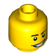 Tête de minifigurine Motif imprimé Dareth, sourcils brun foncé, sourire tordu et lignes de rire [tenon creux] (Minifig Head Dareth, Dark Brown Eyebrows, Crooked Smile and Laugh Lines Print [Hollow Stud])