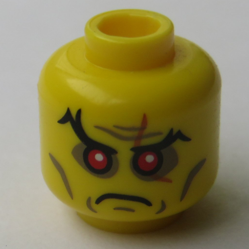 Tête de minifigurine Sorcier maléfique, yeux rouges enfoncés, sourcils, cicatrice sur l'œil gauche, motif : traits sur les joues et rides (Minifig Head Evil Wizard, Red Sunken Eyes, Eyebrows, Scar over Left Eye, Cheek Lines and Wrinkles Print)