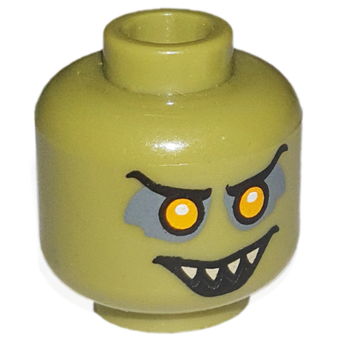 Tête de minifigurine Gobelin, yeux orange avec pupilles blanches, sourcils noirs, ouvert Sourire avec motif imprimé Dents pointues (Minifig Head Goblin, Orange Eyes with White Pupils, Black Eyebrows, Open Smile with Pointed Teeth Print)
