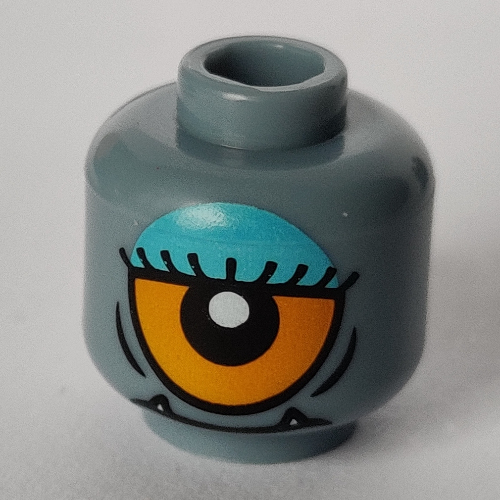 Tête de minifigurine cyclops, crocs inférieurs, cils, œil unique orange ouvert / œil à moitié fermé avec motif imprimé ombre à paupières bleue (Minifig Head Cyclops, Lower Fangs, Eyelashes, Single Orange Eye Open / Eye Half Closed with Blue Eye Shadow Print)