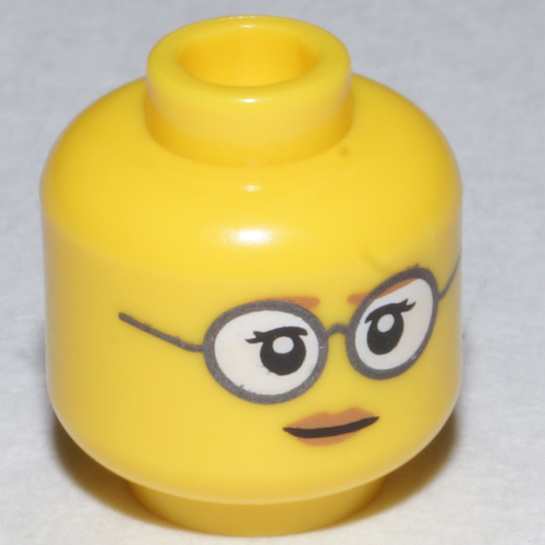 Tête de minifigurine Paléontologue, Lunettes avec monture grise et verres blancs, Cils, Lèvres marron pâle imprimé (Minifig Head Paleontologist, Glasses with Gray Frames and White Lenses, Eyelashes, Pale Brown Lips Print)