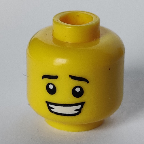 Tête de minifigurine homme hot-dog, sourcils, pupilles blanches, sourire ouvert tordu avec motif imprimé dents (Minifig Head Hot Dog Man, Eyebrows, White Pupils, Crooked Open Smile with Teeth Print)