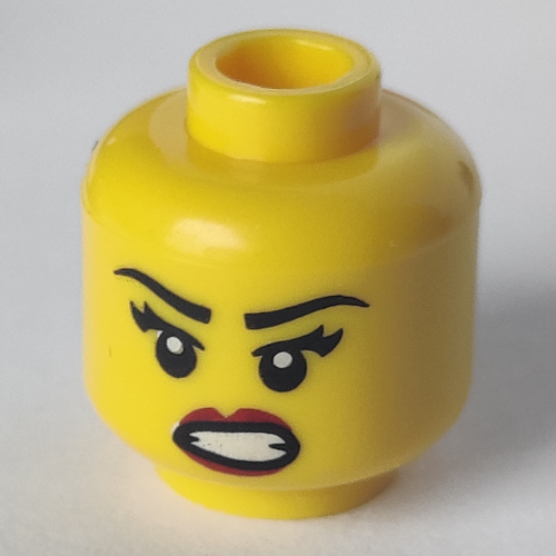 Tête de minifigurine Samouraï, sourcils, cils, bouche ouverte en colère avec dents serrées, motif : lèvres rouges (Minifig Head Samurai, Eyebrows, Eyelashes, Angry Open Mouth with Clenched Teeth, Red Lips Print)