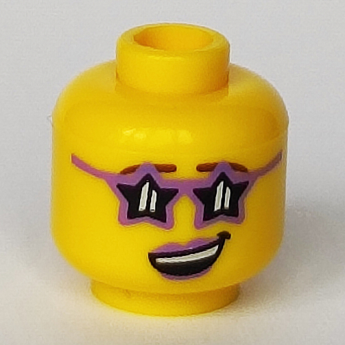 Tête de minifigurine Diva Disco, Lunettes en forme d'étoile, lèvres lavande moyen, ouvert Lopsideed sourire avec motif imprimé de dents [tenon creux] (Minifig Head Disco Diva, Glasses Star Shaped, Medium Lavender Lips, Open Lopsided Smile with Teeth Print [Hollow Stud])