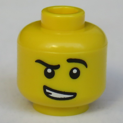 Tête de minifigurine escrimeur, sourcils, sourcils gauches surélevés, pupilles blanches, sourire ouvert tordu avec motif imprimé de dents [tenon creux] (Minifig Head Fencer, Eyebrows, Raised Left Eyebrow, White Pupils, Crooked Open Smile with Teeth Print [Hollow Stud])