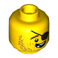 Tête de minifigurine cuisinier, barbe naissante brun, cache-œil, sourire ouvert, manque de dents motif imprimé (Minifig Head Cook, Beard Brown Stubble, Eyepatch, Open Grin, Missing Teeth Print)