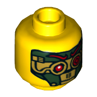 Tête de minifigurine Nya (Samouraï X), Sourcils, Cils, Lèvres brunes / Masque vert et or, Yeux rouges et sourcils motif imprimé (Minifig Head Nya (Samurai X), Eyebrows, Eyelashes, Brown Lips / Green and Gold Mask, Red Eyes and Eyebrows Print)
