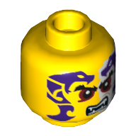 Tête de minifigurine Sleven, sourcils, yeux rouges, serpents violets et blancs tatouage, bouche ouverte avec des crocs motif imprimé [tenon creux] (Minifig Head Sleven, Eyebrows, Red Eyes, Purple and White Snakes Tattoo, Open Mouth with Fangs Print [Hollow Stud])