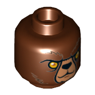 Tête de minifigurine Bulgar, double visage, Ours, yeux jaunes, Fourrure brun foncé, motif : air sévère / sourcil levé [tenon creux] (Minifig Head Bulkar, Dual Sided, Bear, Yellow Eyes, Dark Brown Fur, Stern / Raised Eyebrow Print [Hollow Stud])