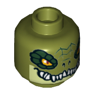Tête de minifigurine Crocodile, yeux bordés de vert foncé, dents, motif imprimé vert jaunâtre [tenon creux] (Minifig Head Crocodile, Dark Green Rimmed Eyes, Teeth, Yellowish Green Lower Jaw Print [Hollow Stud])
