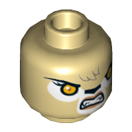 Tête de minifigurine Guerrier, double visage, lionne aux yeux oranges, nez noir, avant-bras, sourire tordu / motif imprimé de dents nues [tenon creux] (Minifig Head Warrior, Dual Sided, Lioness with Orange Eyes, Black Nose, Forelock, Crooked Smile / Bared Teeth Print [Hollow Stud])