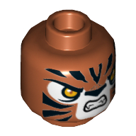 Tête de minifigurine Trakkar, tigre aux yeux oranges, visage blanc, crocs et rayures noires motif imprimé [tenon creux] (Minifig Head Trakkar, Tiger with Orange Eyes, White Face, Fangs and Black Stripes Print [Hollow Stud])