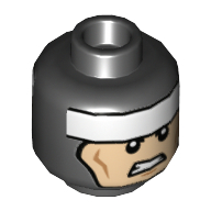 Tête de minifigurine Batman, cagoule, bande blanche sur le avant, lignes de joues, sourire / dents serrées motif imprimé (Minifig Head Batman, Balaclava, White Stripe on Forehead, Cheek Lines, Smirk / Clenched Teeth Print)