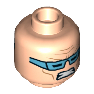 Tête de minifigurine Captain Cold, double visage, lunettes de protection bleu moyen, motif : sourire avec dents / dents serrées [tenon creux] (Minifig Head Captain Cold, Dual Sided, Medium Blue Goggles, Smile with Teeth / Clenched Teeth Print [Hollow Stud])