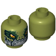 Tête de minifigurine Crocenburg, Crocodile aux yeux bordés de vert foncé, Plaques argentées métalliques avec rivets Motif imprimé à la mâchoire inférieure [tenon creux] (Minifig Head Crokenburg, Crocodile with Dark Green Rimmed Eyes, Metallic Silver Plates with Rivets Lower Jaw Print [Hollow Stud])