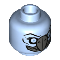 Tête de minifigurine Vultrix, Vautour avec bec et bouche gris bleu foncé et yeux bleu clair motif imprimé [tenon creux] (Minifig Head Vultrix, Vulture with Dark Bluish Gray Beak and Mouth and Light Blue Eyes Print [Hollow Stud])