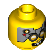 Tête de minifigurine Drillex, Lunettes avec lunettes argentées, Plaques métalliques avec circuit sur le devant, Motif imprimé souriant / en colère (Minifig Head Drillex, Glasses with Silver Goggles, Metal Plates with Circuitry on Forehead, Smiling / Angry Print)