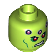 Tête de minifigurine Brainiac, yeux rouges, joues vertes, cercles roses foncés et motif imprimé de coqs [tenon creux] (Minifig Head Brainiac, Red Eyes, Green Cheek Lines, Dark Pink Circles and Scowl Print [Hollow Stud])