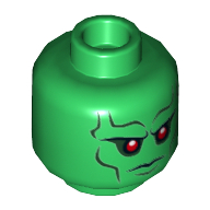 Tête de minifigurine Chasseur d'Hommes Martien, Yeux Rouges, Sourcils Gris Foncés, Lignes de Joue sévère Expression motif imprimé [tenon creux] (Minifig Head Martian Manhunter, Red Eyes, Dark Bluish Gray Eyebrows, Cheek Lines Stern Expression Print [Hollow Stud])