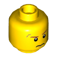 Tête de minifigurine Max Burns, sourcils orange foncé, Cicatrice sur l'œil droit, motif : regard menaçant [tenon creux] (Minifig Head Max Burns, Dark Orange Eyebrows, Scar over Right Eye, Scowl Print [Hollow Stud])