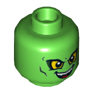 Tête de minifigurine Bouffon Vert, yeux jaunes, Sourire Malin / Motif imprimé de la bouche retournée (Minifig Head Green Goblin, Yellow Eyes, Evil Smile / Downturned Mouth Print)