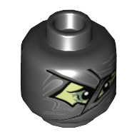 Tête de minifigurine maître chaîne wrayth, bandages de momie gris bleuté foncé, visage vert jaunâtre et yeux ombres motif imprimé [tenon creux] (Minifig Head Chain Master Wrayth, Dark Bluish Gray Mummy Wraps, Yellowish Green Face and Shadowed Eyes Print [Hollow Stud])