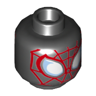 Tête de minifigurine Spider-Man (Miles Morales), Grands yeux blancs et bleu clair vif, motif imprimé Web rouge (Minifig Head Spider-Man (Miles Morales), Large White and Bright Light Blue Eyes, Red Web Print)