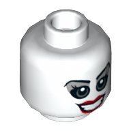 Tête de minifigurine Harley Quinn, yeux gris bleuté clair et fard à paupières, lèvres rouges, sourire ouvert / motif imprimé en colère (Minifig Head Harley Quinn, Light Bluish Gray Eyes and Eye Shadow, Red Lips, Open Smile / Angry Print)