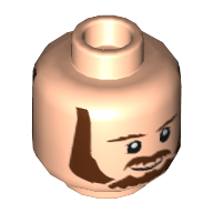Tête de minifigurine Qui-Gon Jinn, double visage, barbe, sourcils bruns, moustache, pupilles blanches, motif : sourire / air renfrogné [tenon creux] (Minifig Head Qui-Gon Jinn, Dual Sided, Beard, Brown Eyebrows, Moustache, White Pupils, Smile / Frown Print [Hollow Stud])