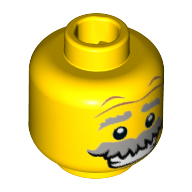 Tête de minifigurine monstre scientifique, sourcils gris levés et moustache touffue, rides, pupilles blanches et sourire ouvert motif imprimé [tenon creux] (Minifig Head Monster Scientist, Gray Eyebrows Raised and Bushy Moustache, Wrinkles, White Pupils and Open Smile Print [Hollow Stud])