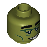 Tête de minifigurine monstre rocker, sourcils, yeux vert foncé, sourire montrant les dents (Minifig Head Monster Rocker, Eyebrows, Dark Green Eyes, Smile with Teeth)