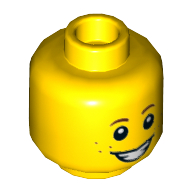 Tête de minifigurine, sourcils bruns, fronces, sourire bouche ouverte / bouche tordue effrayée (Minifig Head, Brown Eyebrows, Freckles, Smile Open Mouth / Scared Crooked Mouth)
