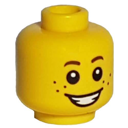 Tête de minifigurine, sourcils bruns, taches de rousseur, sourire bouche ouverte (Minifig Head, Brown Eyebrows, Freckles, Smile Open Mouth)