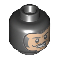 Tête de minifigurine fantôme (bluestone le grand), cagoule, visage de nougat avec des dents nues, noir mince moustache motif imprimé [tenon creux] (Minifig Head Ghost (Bluestone the Great), Balaclava, Nougat Face with Bared Teeth, Black Thin Moustache Print [Hollow Stud])