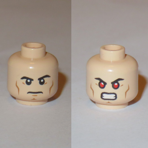 Tête de minifigurine Superman, sourcils, lignes de joue, mentonnière, dents déterminées / nues avec motif imprimé yeux rouges (Minifig Head Superman, Eyebrows, Cheek Lines, Chin Dimple, Determined / Bared Teeth with Red Eyes Print)