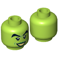 Tête de minifigurine Méchante Sorcière, personnage féminin, sourcils épais noirs, Lèvres vertes et Sourire ouvert avec motif imprimé de Dents Jaune Clair [tenon creux] (Minifig Head Wicked Witch, Female, Black Thick Eyebrows, Green Lips and Open Smile with Bright Light Yellow Teeth Print [Hollow Stud])