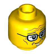Tête de minifigurine Postier, bouc, sourcils gris bleuté foncé, lunettes, sourire tordu, traits sur les joues, motif : rides (Minifig Head Postman, Goatee, Dark Bluish Gray Eyebrows, Glasses, Crooked Smile, Cheek Lines, Wrinkles Print)
