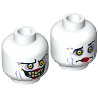 Tête de minifigurine Jestro, double face, yeux jaunes enfoncés, lèvres rouges, sourire maléfique avec les dents / motif imprimé confus [tenon creux] (Minifig Head Jestro, Dual Sided, Sunken Yellow Eyes, Red Lips, Evil Smile with Teeth / Confused Print [Hollow Stud])
