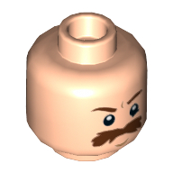 Tête de minifigurine rebelle trooper / bespin guard, moustache brune buissonnante grande, sourcils bruns, pupilles yeux blancs motif imprimé [tenon creux] (Minifig Head Rebel Trooper / Bespin Guard, Moustache Brown Bushy Large, Brown Eyebrows, White Pupils Print [Hollow Stud])