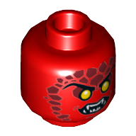 Tête de minifigurine Crust Smasher / Flame Thrower, Sourcils fins, Yeux jaunes, Taches rouges foncées, Crocs motif imprimé [tenon creux] (Minifig Head Crust Smasher / Flame Thrower, Thin Eyebrows, Yellow Eyes, Dark Red Spots, Fangs Print [Hollow Stud])