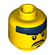 Tête de minifigurine Kendo Fighter, Bandeau bleu foncé, pupilles blanches, Moustache noire et bouc motif imprimé [tenon creux] (Minifig Head Kendo Fighter, Dark Blue Headband, White Pupils, Black Moustache and Goatee Print [Hollow Stud])