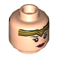 Tête de minifigurine Wonder Woman, double face, tiare d'or et lèvres rouges, sourire lopside / dents serrées motif imprimé [tenon creux] (Minifig Head Wonder Woman, Dual Sided, Gold Tiara and Red Lips, Lopsided Smile / Clenched Teeth Print [Hollow Stud])