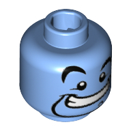 Tête de minifigurine Genie, sourcils courbés, sourcils surélevés à droite, bouc étroit avec boucle, grand sourire à la bouche avec motif imprimé de dents [tenon creux] (Minifig Head Genie, Curved Eyebrows, Right Raised Eyebrow, Narrow Goatee with Curl, Wide Mouth Smile with Teeth Print [Hollow Stud])