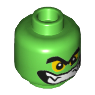 Tête de minifigurine gobelin vert, épais sourcils, yeux jaunes et grand sourire avec motif imprimé dents (Minifig Head Green Goblin, Thick Eyebrows, Yellow Eyes and Wide Grin with Teeth Print)